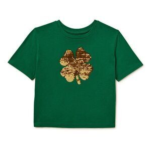 St. Patrick's Day Kids Short Sleeve Sequin Four Leaf Clover T Shirt L (10-12)